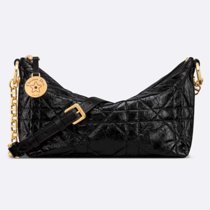 Dior Women CD Diorstar Hobo Bag Chain Black Macrocannage Crinkled Calfskin Reference: S3202UNIO_M900