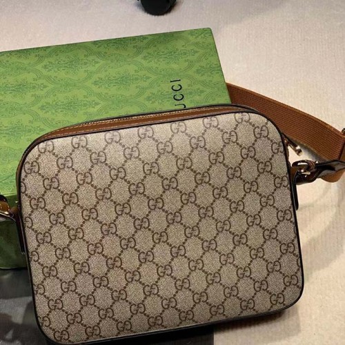 Gucci Unisex Messenger Bag Interlocking G Beige Ebony GG Supreme Canvas Brown Leather Style ‎675891 92THG 8563