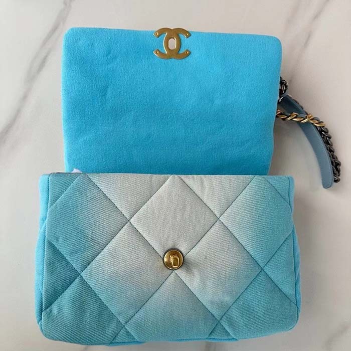 Chanel Women CC 19 Large Handbag Denim Gold Silver Tone Blue