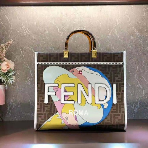Fendi Women Sunshine Medium FF Glazed Fabric Shopper with Inlay