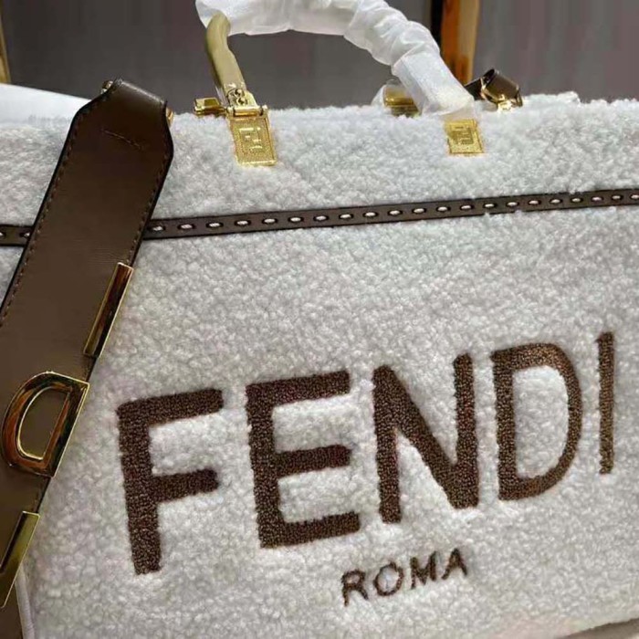 Fendi Women Sunshine Medium White Sheepskin Shopper