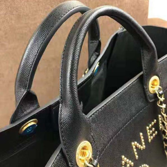 Chanel Women Chanel's Large Tote Shopping Bag in Grained Calfskin Leather-Black