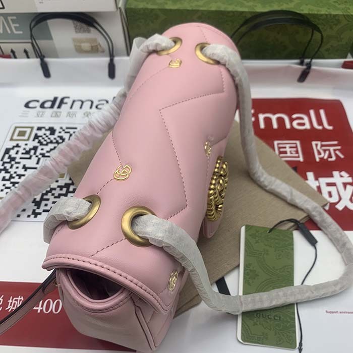 Gucci Women GG Marmont Small Shoulder Bag Pink Double G Matelassé Chevron Leather