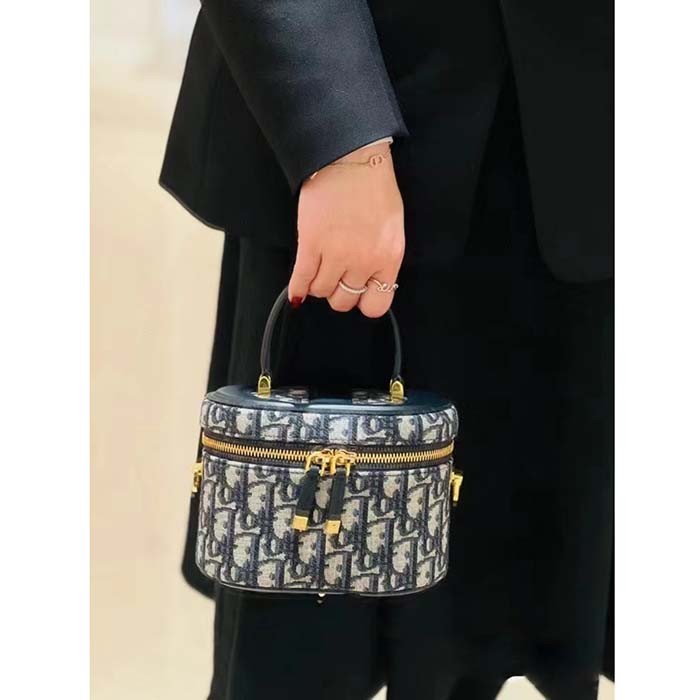 Dior Women Small CD Signature Vanity Case Blue Oblique Jacquard Leather Handle