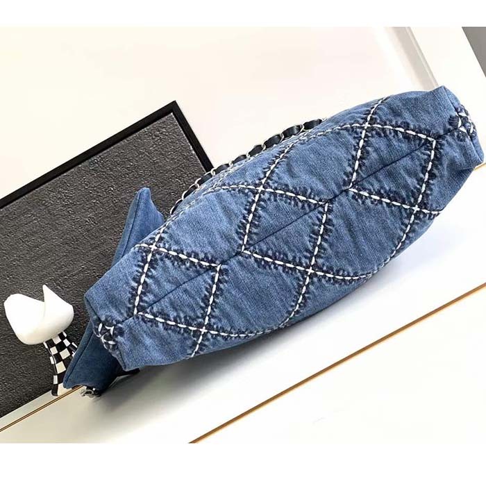 Chanel Women CC 22 Small Handbag Stitched Denim Silver Metal Blue