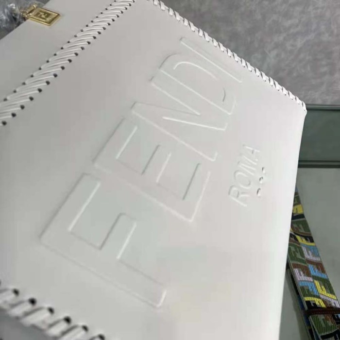 Fendi Women Sunshine Medium White Leather Shopper with Decorative Stitching