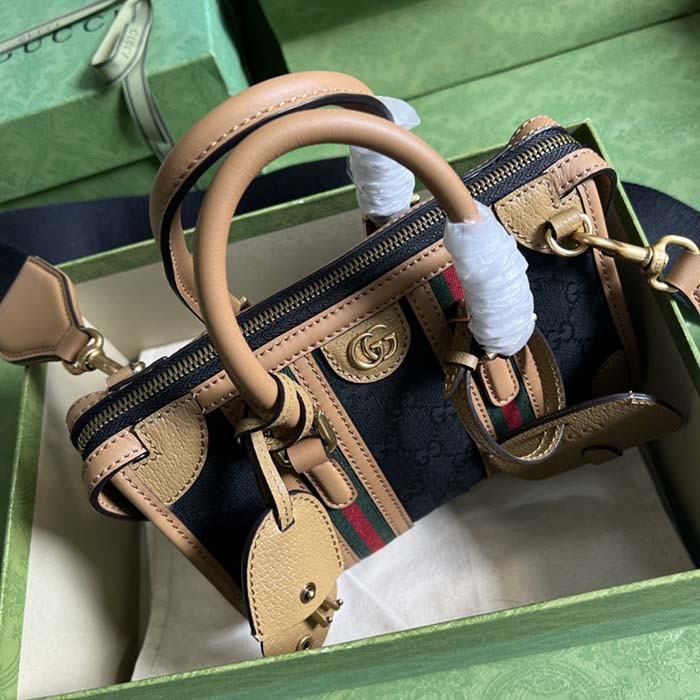Gucci Unisex GG Mini Canvas Top Handle Bag Double G Black Original GG Canvas