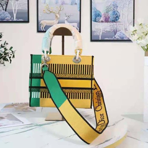 Dior Women Medium Lady D-lite Bag Bright Yellow and Green D-Flower Pop Embroidery