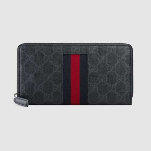 Gucci GG Unisex GG Supreme Web Zip Around Wallet in Black/Grey GG Supreme Canvas