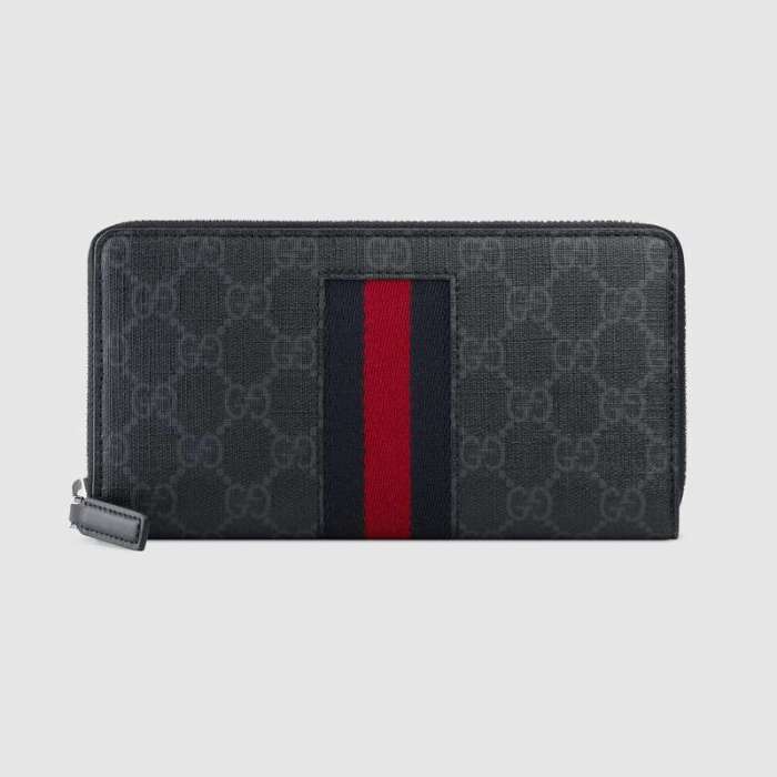 Gucci GG Unisex GG Supreme Web Zip Around Wallet in Black/Grey GG Supreme Canvas