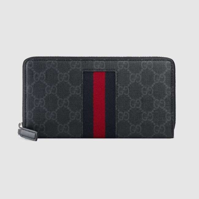 Gucci GG Unisex GG Supreme Web Zip Around Wallet in Black/Grey GG Supreme Canvas