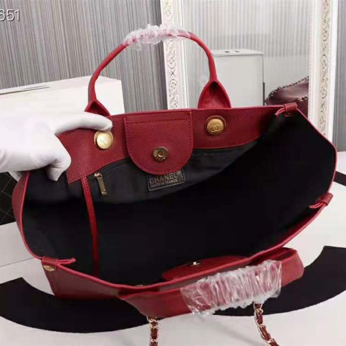 Chanel Women Chanel's Large Tote Shopping Bag in Grained Calfskin Leather-Red