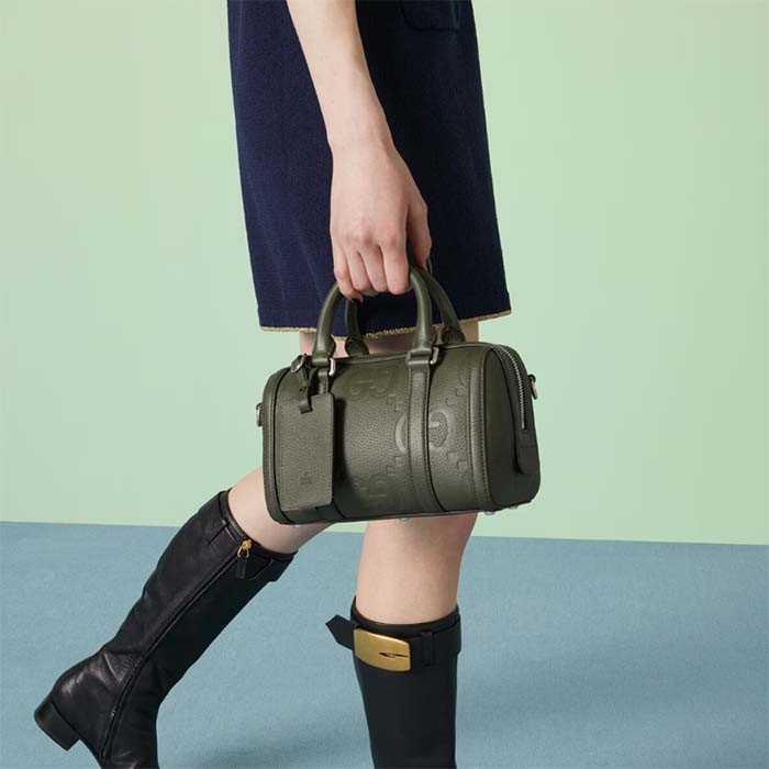 Gucci Unisex Jumbo GG Mini Duffle Bag Dark Green Leather Double G Zip Closure