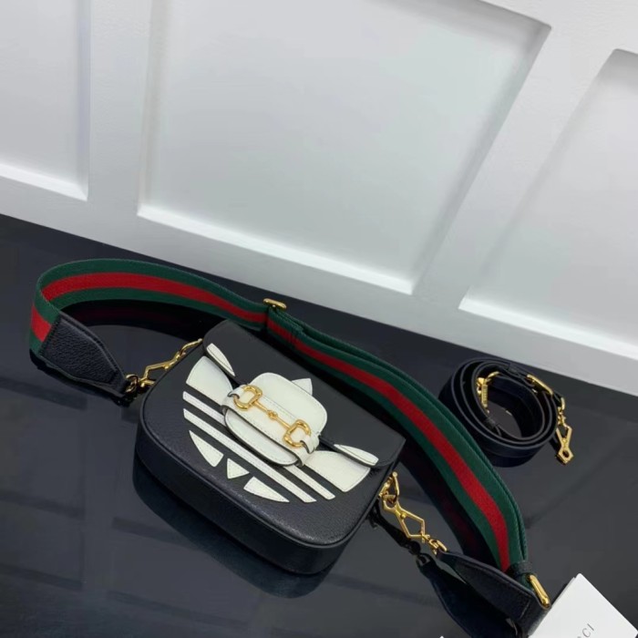 Gucci Unisex GG Adidas x Gucci Horsebit 1955 Mini Bag Black White Leather