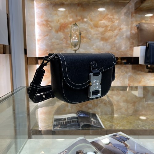 Dior Unisex CD Saddle Pouch Strap Black Grained Calfskin Embossed Dior Signature