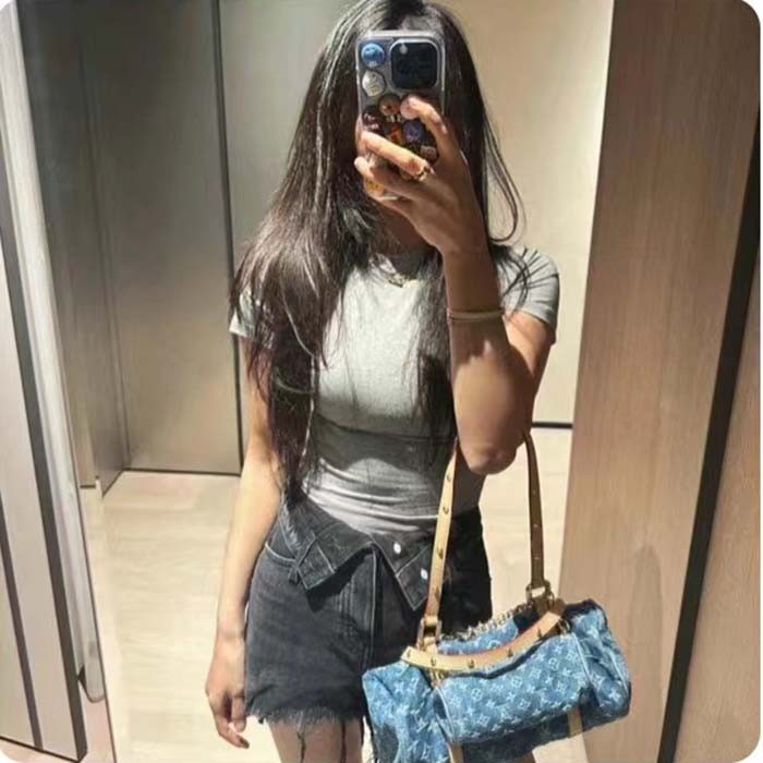 Louis Vuitton LV Unisex Papillon Denim Blue GOTS Monogram Denim Canvas Natural Cowhide Leather