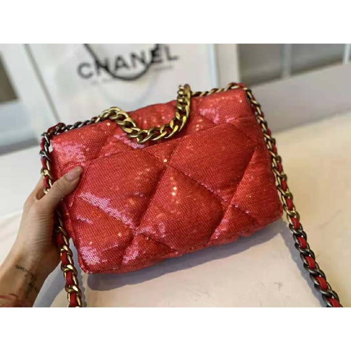 Chanel Women 19 Flap Bag Sequins Calfksin Silver-Tone Gold-Tone Metal Coral