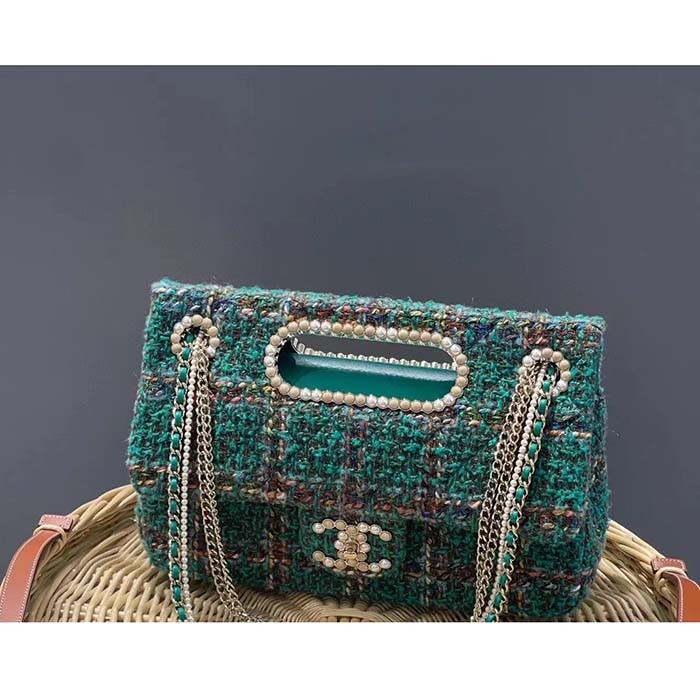 Chanel Women CC Large Flap Bag Top Handle Wool Silk Tweed Glass Wooden Pearls