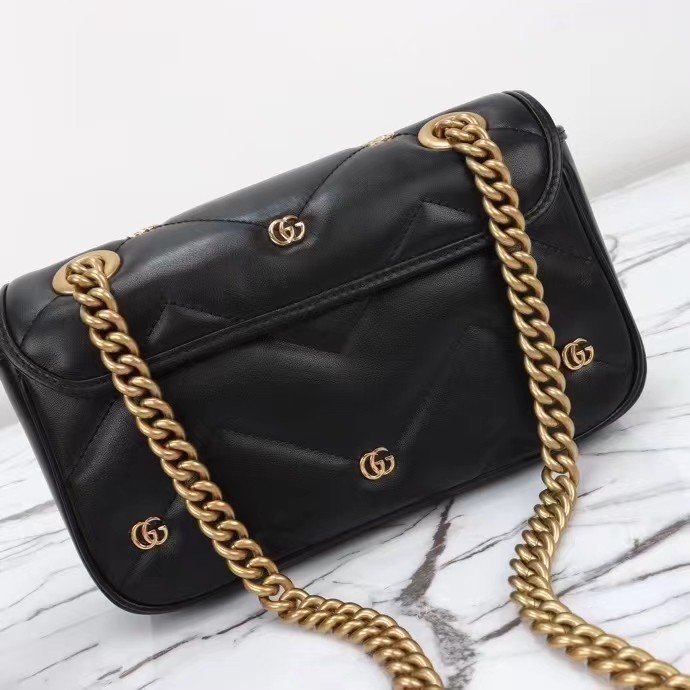 Gucci Women GG Marmont Mini Bag Black Matelassé Chevron Leather Double G