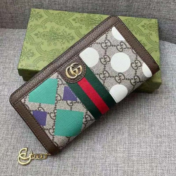Gucci Unisex GG Ophidia Zip Around Wallet Beige Ebony GG Supreme Canvas