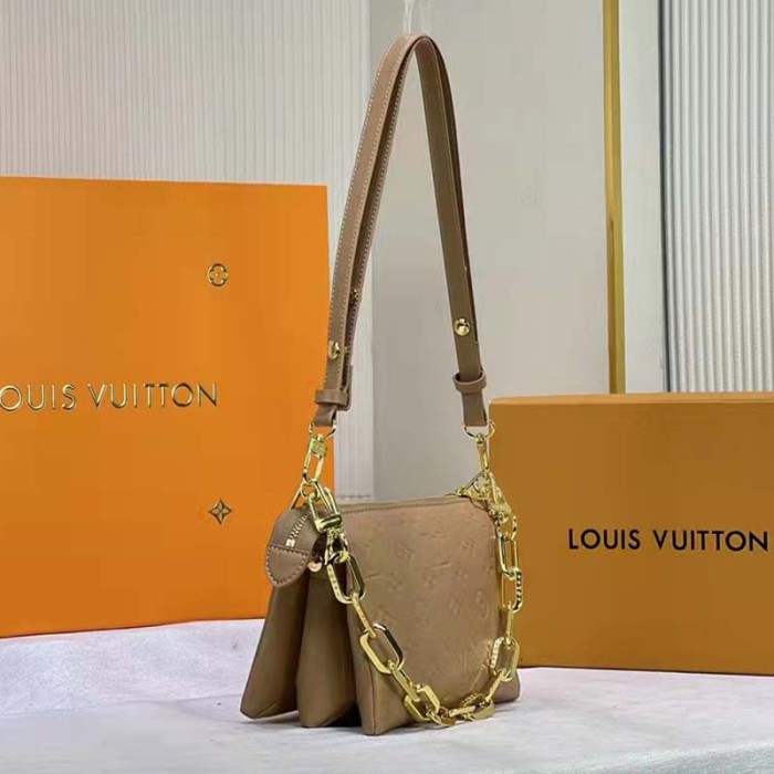 Louis Vuitton LV Unisex Coussin PM Camel Monogram-Embossed Puffy Lambskin Calfskin