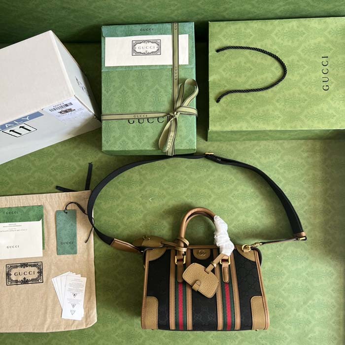 Gucci Unsiex GG Bauletto Small Top Handle Bag Black Original GG Canvas