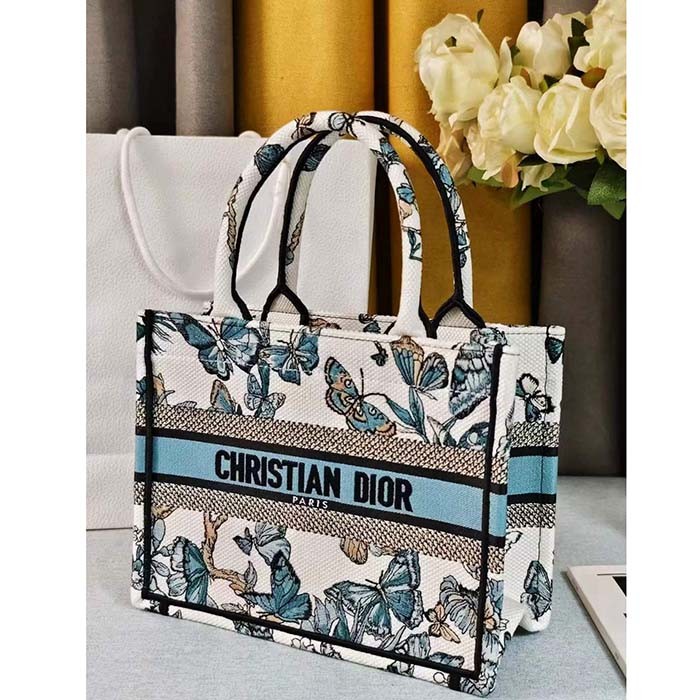 Dior CD Women Large Dior Book Tote White Blue Toile De Jouy Mexico Embroidery