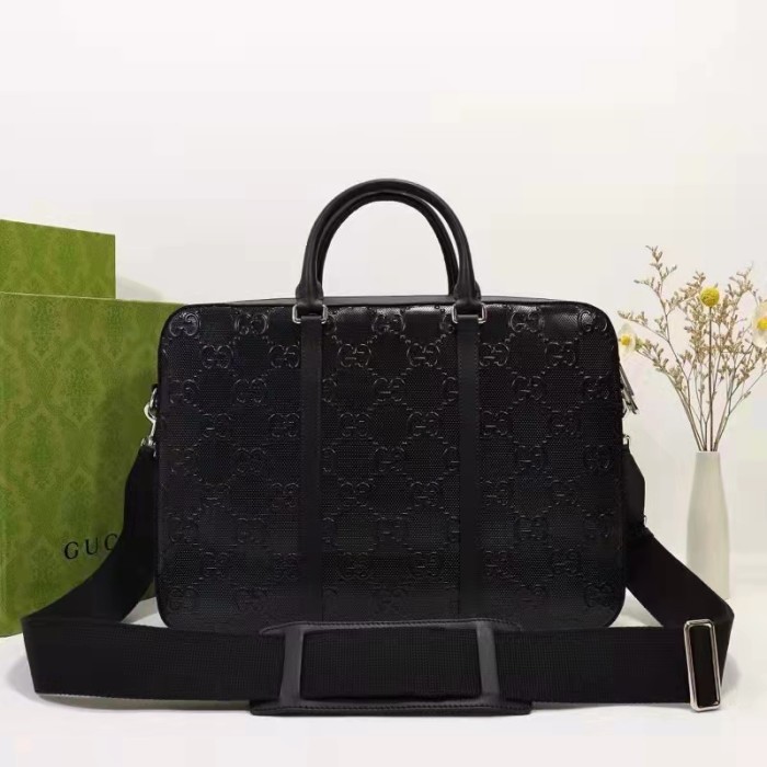 Gucci Unisex GG Embossed Briefcase Bag Black GG Embossed Leather