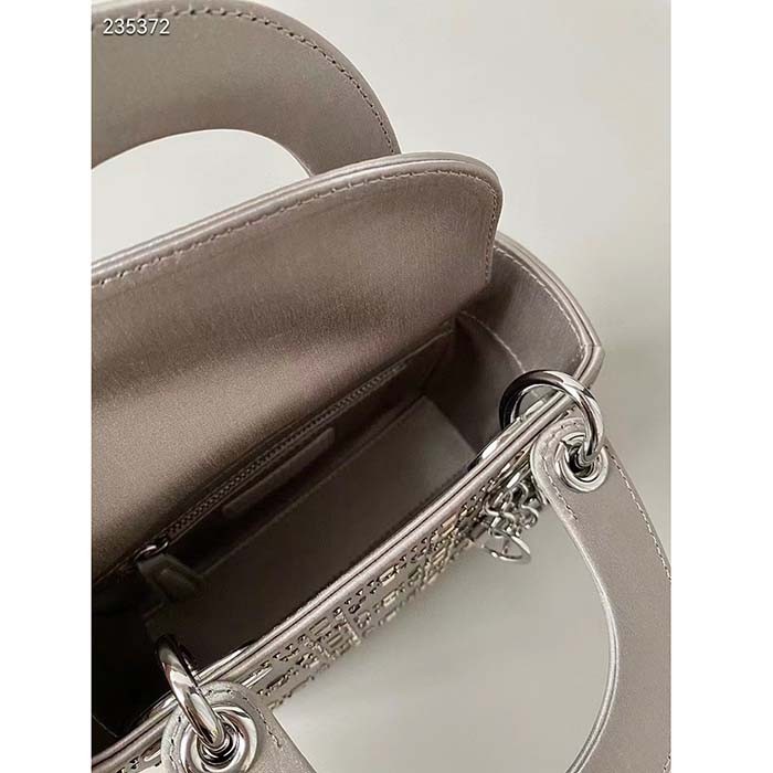 Dior Women CD Mini Lady Dior Bag Platinum Metallic Cannage Lambskin Beaded Embroidery