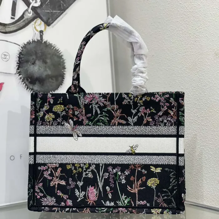 Dior Women Medium Dior Book Tote Black Embroidery with Multicolor Millefiori Unicorn Motif
