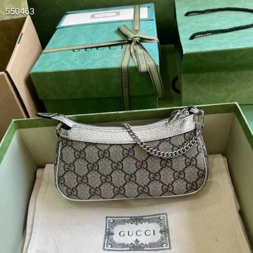 Gucci Women Ophidia Mini Bag Beige Ebony GG Supreme Canvas Metallic Silver Leather Double G