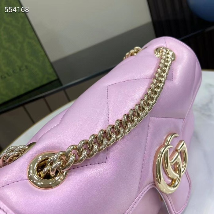 Gucci Women GG Marmont Small Shoulder Bag Pink Iridescent Quilted Chevron Leather