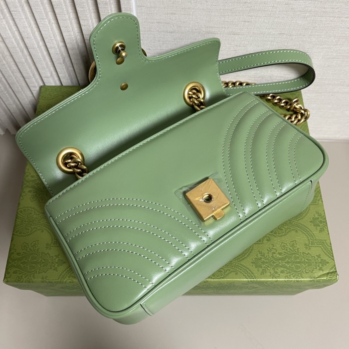 Gucci Women GG Marmont Small Shoulder Bag Sage Green Matelassé Chevron Heart