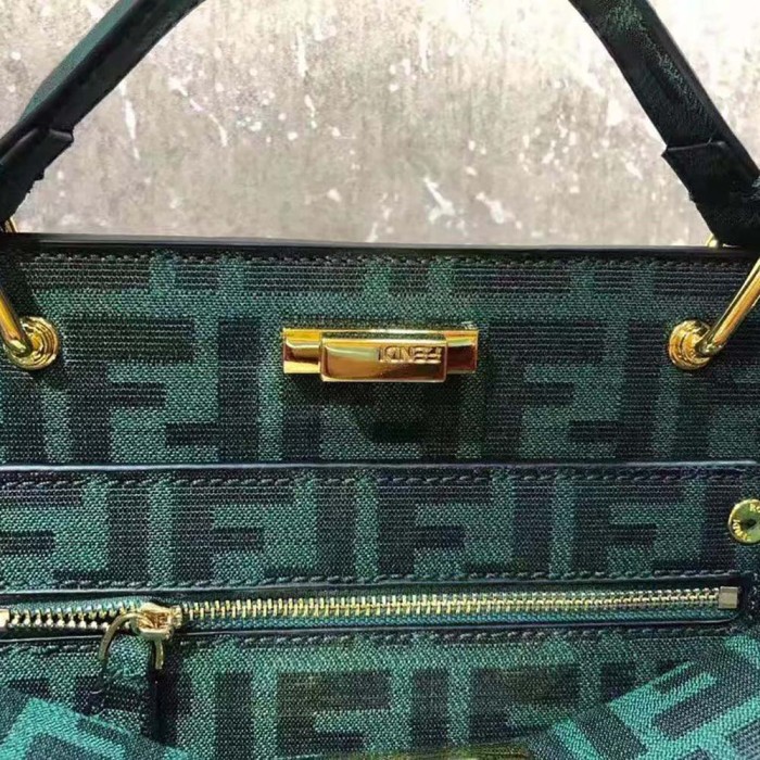 Fendi Women Peekaboo Iconic Medium Jacquard Fabric Interlace Bag-Dark Green
