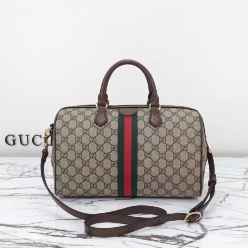 Gucci GG Unisex Ophidia GG Medium Top Handle Bag Beige Ebony GG Supreme Canvas Leather