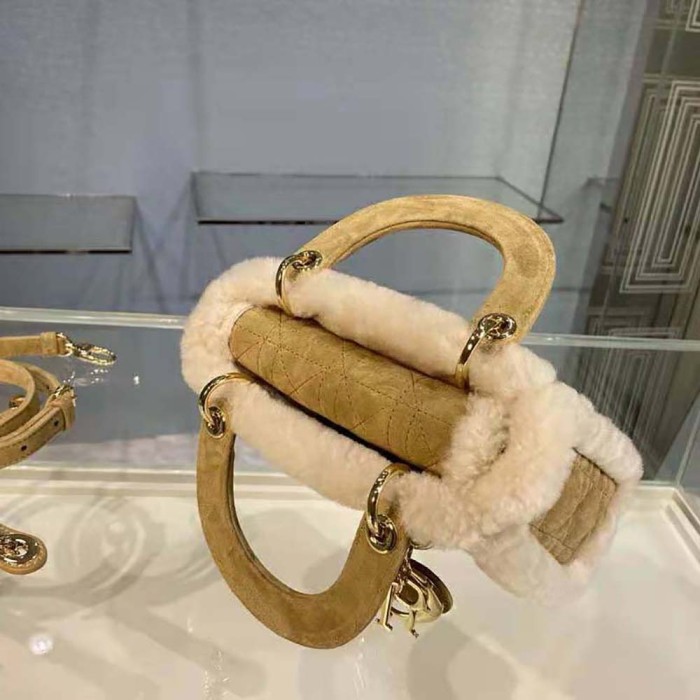 Dior Women Mini Lady Dior Bag Camel-Colored Cannage Shearling