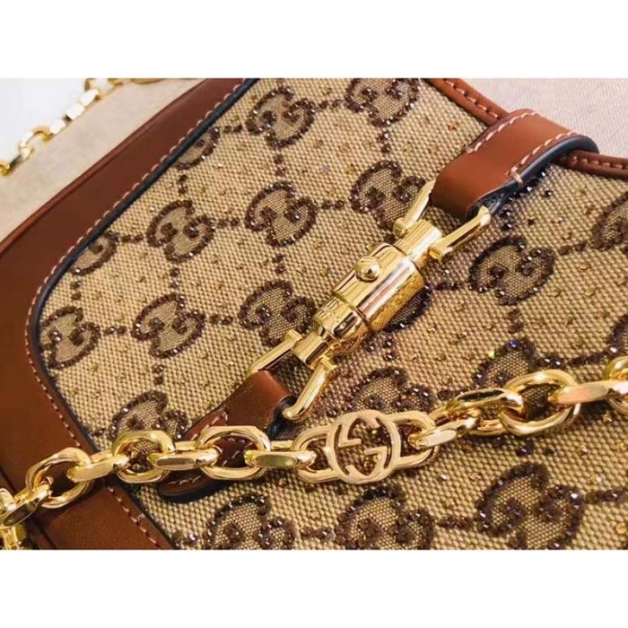 Gucci Women Jackie 1961 Mini GG Shoulder Bag Camel Ebony GG Canvas Crystals