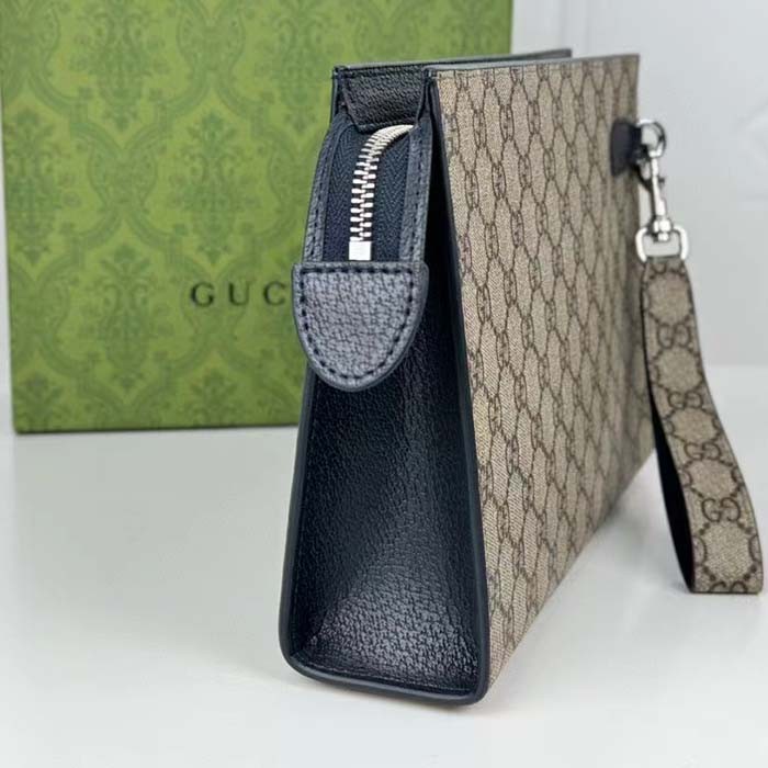 Gucci Unisex Pouch GG Detail Beige Ebony GG Supreme Canvas Blue Leather Style ‎768255 FACQC 9751
