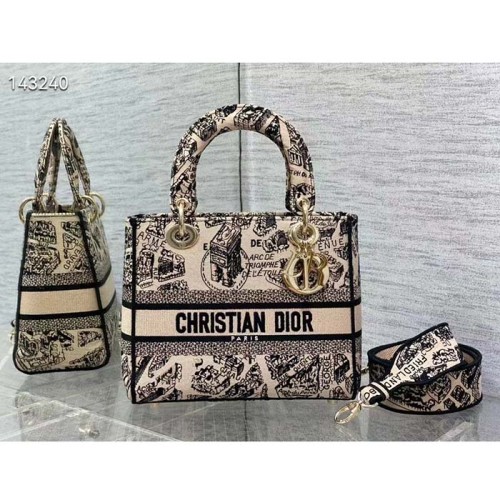 Dior Women CD Medium Lady D-Lite Bag Beige Black Plan De Paris Embroidery