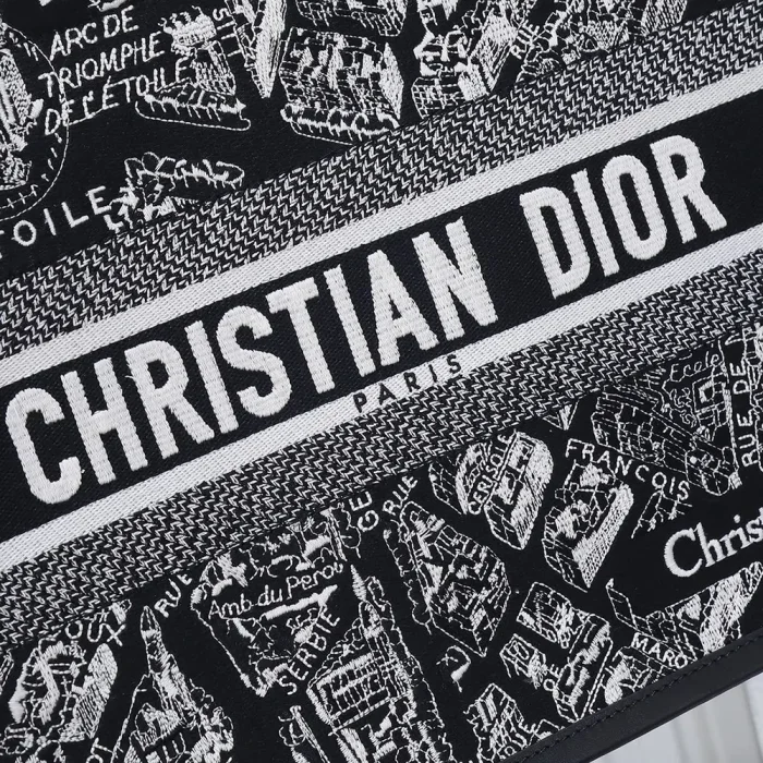 Dior Women Medium Dior Book Tote Black and White Plan de Paris Embroidery with Black Calfskin