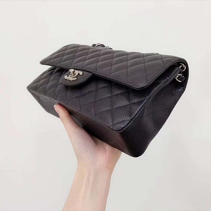Chanel Women CF Flap Bag in Diamond Pattern Calfskin Leather-Black