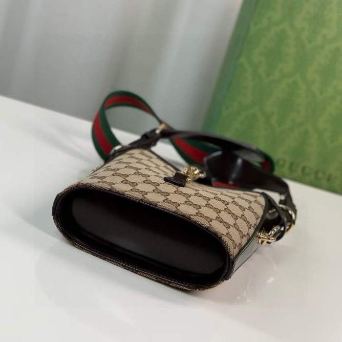 Gucci Unisex Original GG Small Bucket Bag Brown Canvas Leather Hook Closure