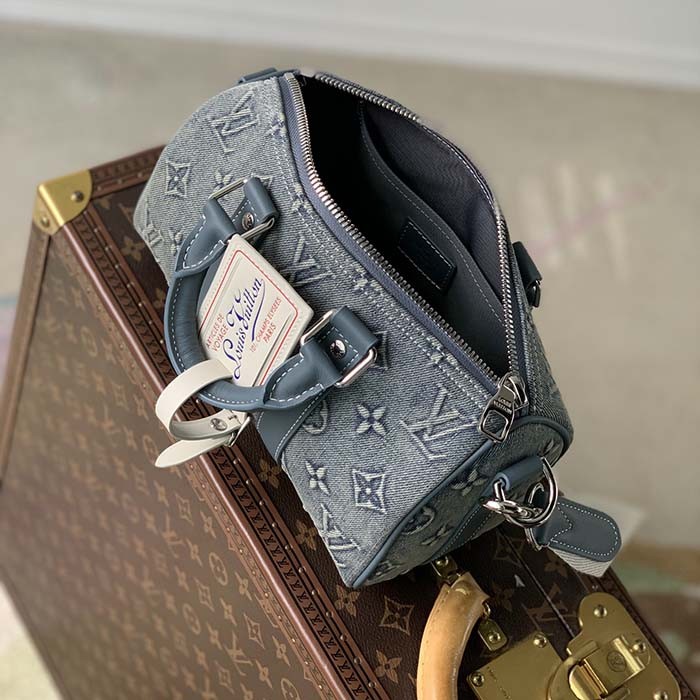 Louis Vuitton LV Unisex Keepall Bandoulière 25 Monogram Washed Denim Canvas Cowhide Leather