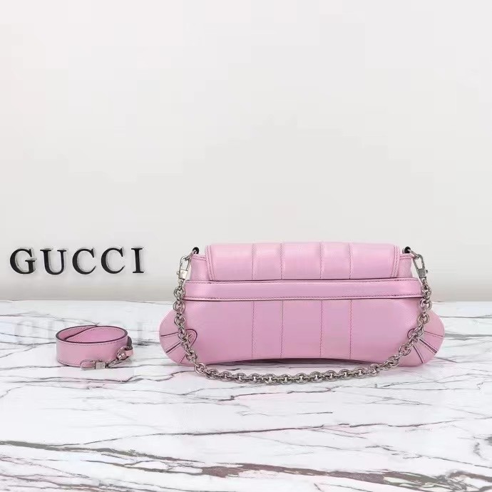 Gucci Women GG Horsebit Chain Small Shoulder Bag Pink Iridescent Quilted Leather Maxi Horsebit Style ‎764339 AAC31 5826
