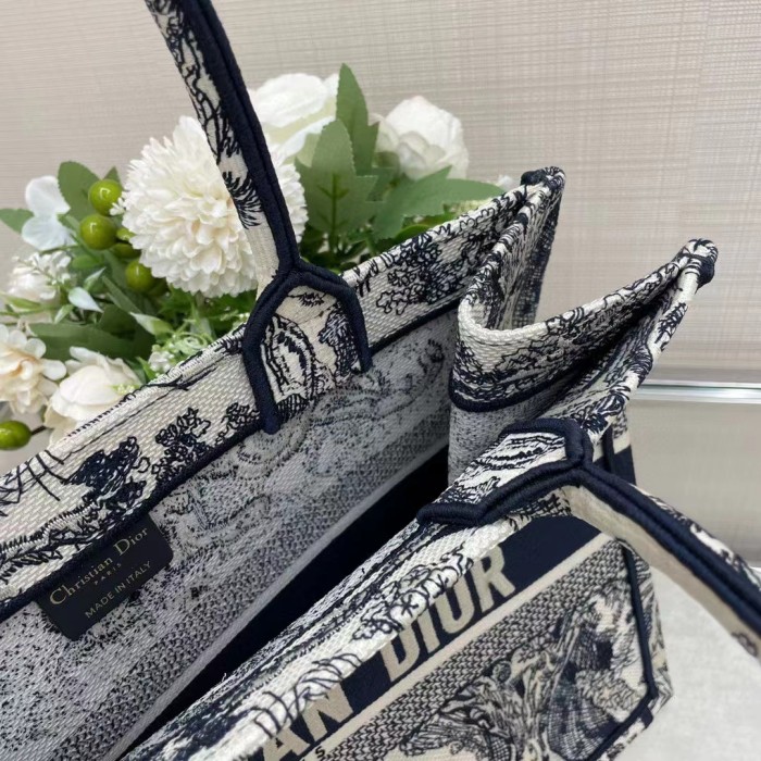 Dior Unisex CD Medium Book Tote Navy Blue Toile De Jouy Embroidery