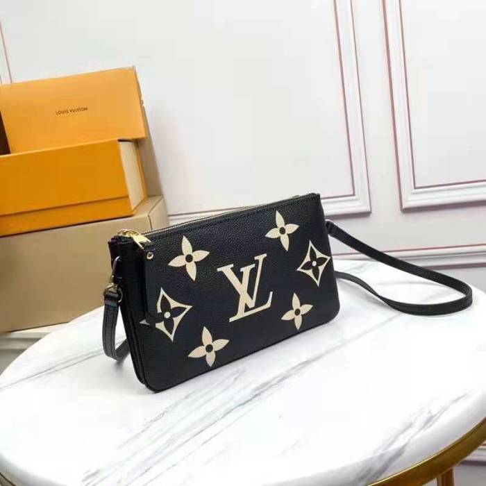 Louis Vuitton LV Unisex Double Zip Pochette Black Beige Embossed Supple Grained Cowhide Leather