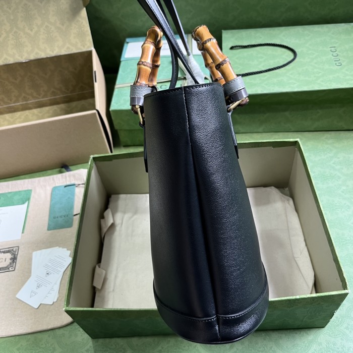 Gucci Women Diana Medium Tote Bag Double G Black Leather Bamboo Handles