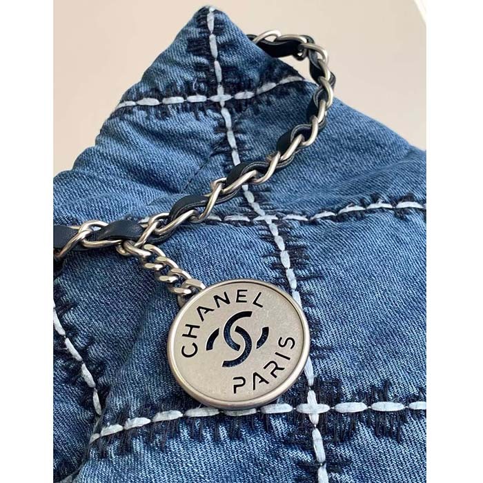 Chanel Women CC 22 Mini Handbag Stitched Denim Silver Metal Blue