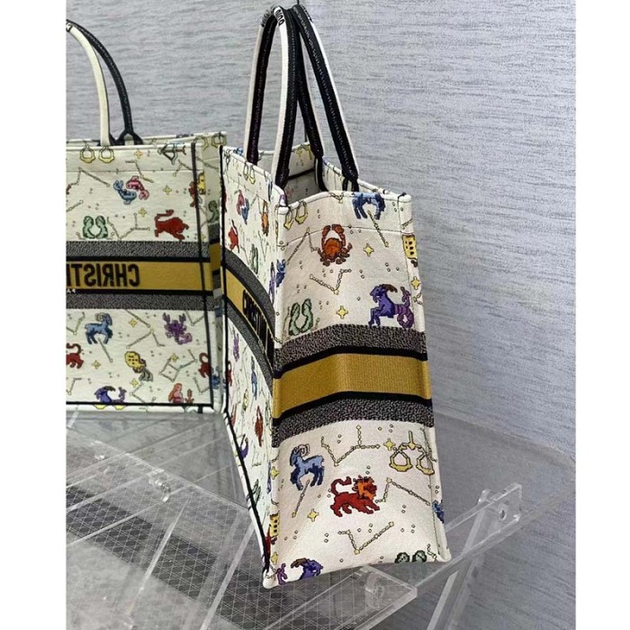 Dior Unisex CD Large Book Tote Latte Multicolor Dior Pixel Zodiac Embroidery