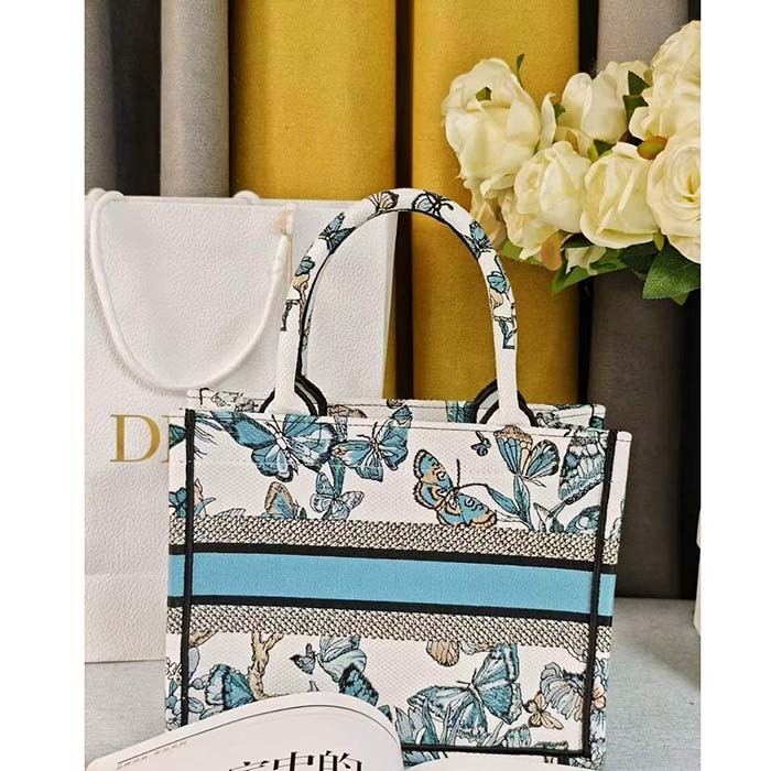 Dior CD Women Large Dior Book Tote White Blue Toile De Jouy Mexico Embroidery